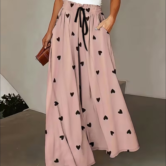 Q fenie Dresses & Skirts - Heart ❤️ Print Pink Maxi Pants Wide Legged Pale Pink Woth Gray Hearts